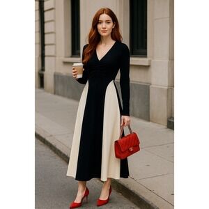 Commense‎ Long Sleeve Maxi Dress Color Block V Neck Casual Elegant - Size XS